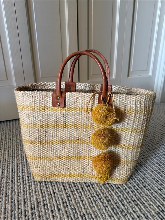 Mar Y Sol Handbags - Mar Y Sol Woven Straw Tote with yellow Stripe and Pom Pom Accents